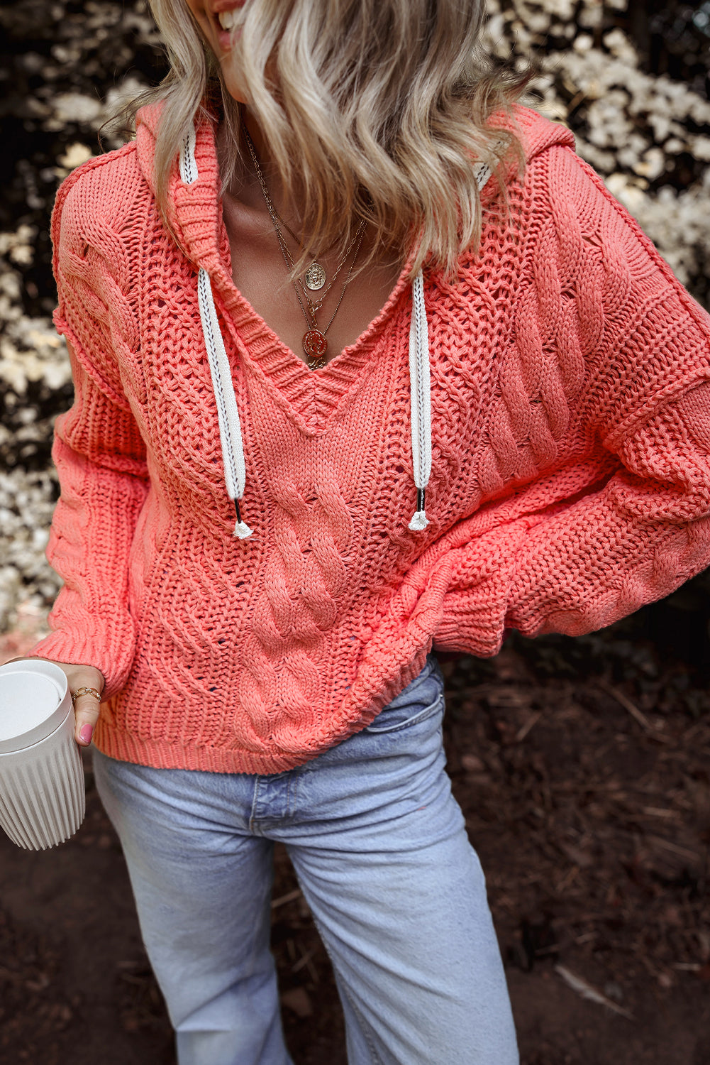 Gold Flame Cable Knit V Neck Contrast Drawstring Hooded Sweater Sweaters JT's Designer Fashion