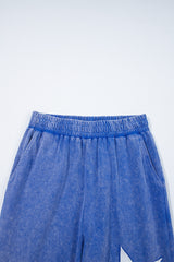 Ashleigh Blue Acid Wash Star Patched Rolled Trim Pants Set Pant Sets JT's Designer Fashion