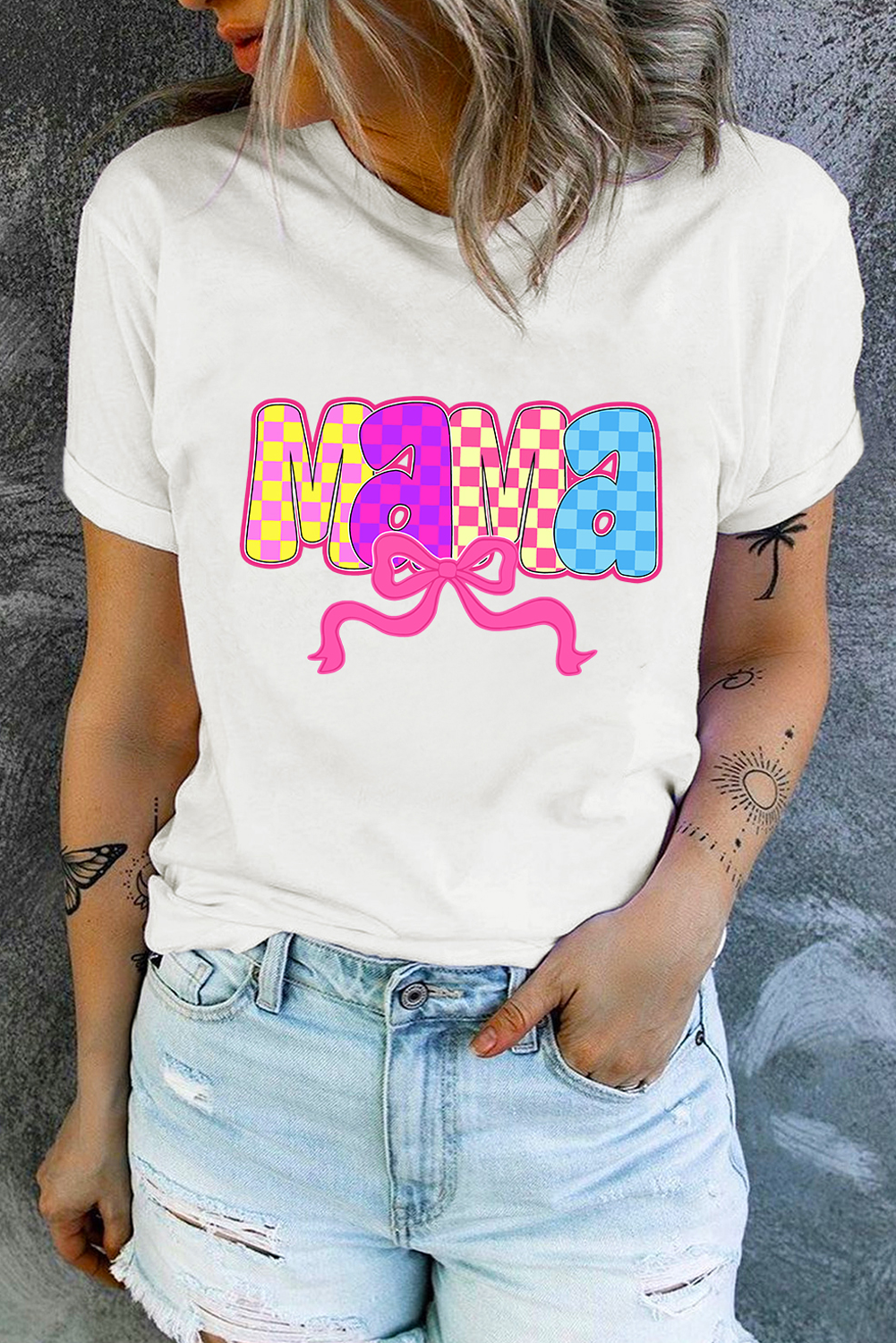 White MAMA Checkered Bow Knot Print Crewneck T Shirt Graphic Tees JT's Designer Fashion