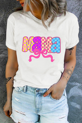 White MAMA Checkered Bow Knot Print Crewneck T Shirt Graphic Tees JT's Designer Fashion