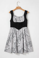 Black Sleeveless Leather Bustier Patchwork Paisley Floral Chiffon Dress Mini Dresses JT's Designer Fashion