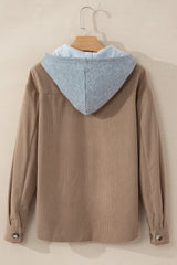 Pale Khaki Hooded Drawstring Pockets Corduroy Shacket Jackets JT's Designer Fashion