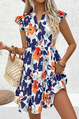 Orange Floral Print Notched Neck Flutter Sleeve Mini Dress Orange 100%Polyester Floral Dresses JT's Designer Fashion