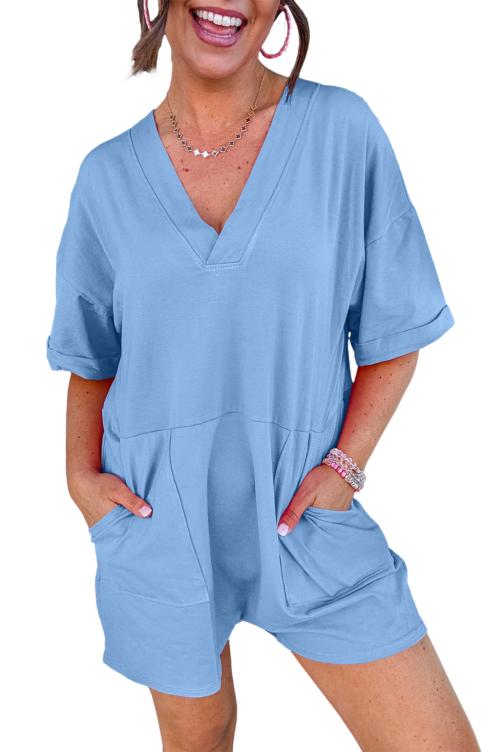 Myosotis Loose Half Sleeve V Neck Knit Romper Jumpsuits & Rompers JT's Designer Fashion