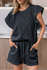 Black Textured Ruffled Sleeve Tee and Drawstring Shorts Set Bottoms JT's Designer Fashion
