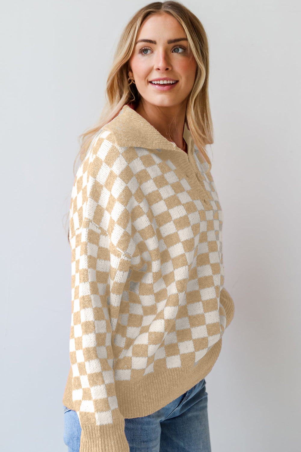 Apricot Checkered Buttons Collar V Neck Drop Shoulder Sweater Sweaters JT's Designer Fashion