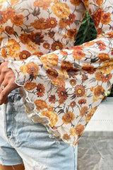 Orange Floral Printed Bell Sleeve Mock Neck Scallop Trim Blouse Blouses & Shirts JT's Designer Fashion