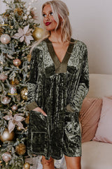 Jungle Green Velvet Long Sleeve V Neck Loose Dress with Pockets Mini Dresses JT's Designer Fashion