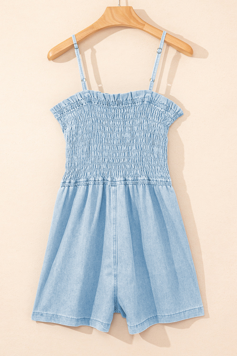 Beau Blue Spaghetti Strap Smocked Denim Romper Jumpsuits & Rompers JT's Designer Fashion