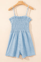 Beau Blue Spaghetti Strap Smocked Denim Romper Jumpsuits & Rompers JT's Designer Fashion