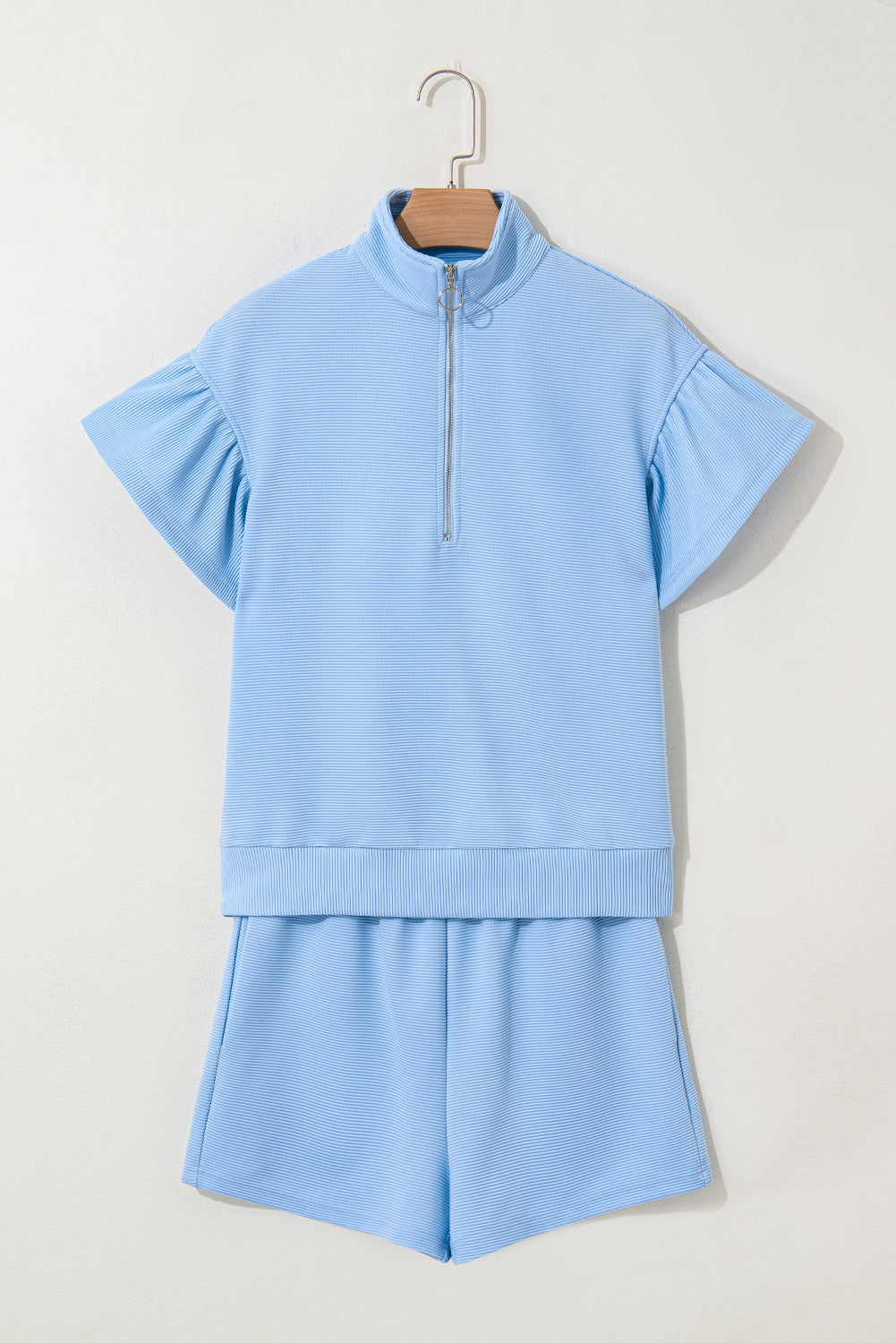Beau Blue Ribbed Texture Half Zip Ruffled Short Sleeve Top and Shorts Set Short Sets JT's Designer Fashion