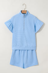 Beau Blue Ribbed Texture Half Zip Ruffled Short Sleeve Top and Shorts Set Short Sets JT's Designer Fashion