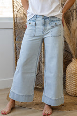 Sky Blue Stripe Button Flap Pocket Cuffed Hem Wide Leg Jeans Sky Blue Stripe 85%Cotton+15%Polyester Jeans JT's Designer Fashion