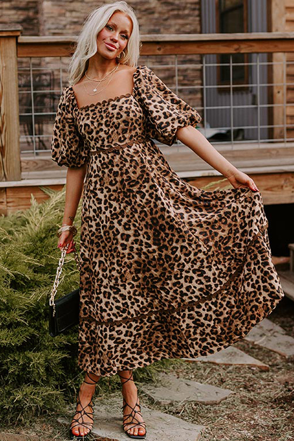 Brown Leopard Print Bubble Sleeve Square Neck Long Dress Maxi Dresses JT's Designer Fashion