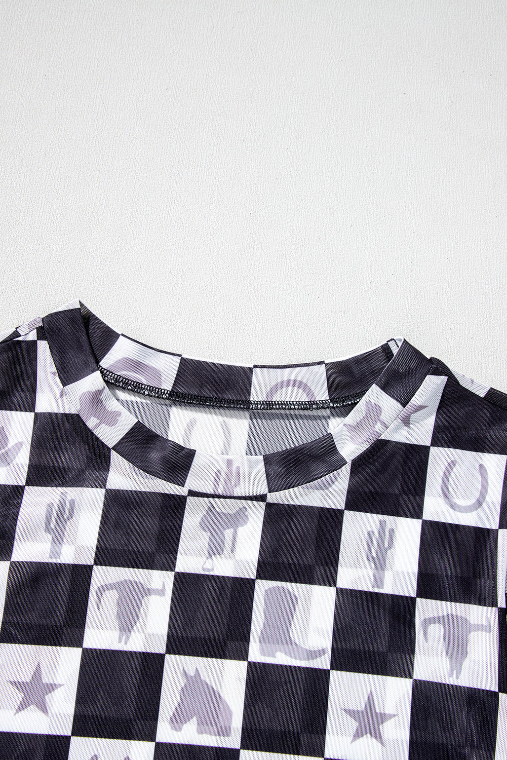 Black Checkerboard Western Elements Printed Mesh Long Sleeve Top Long Sleeve Tops JT's Designer Fashion