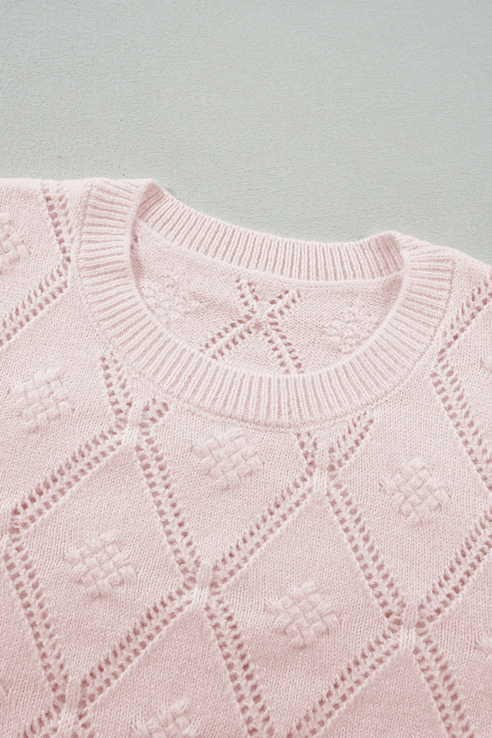 Gossamer Pink Openwork Plaid Puff Sleeve Cropped Sweater Sweaters JT's Designer Fashion
