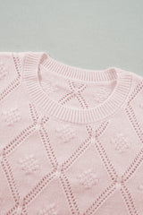 Gossamer Pink Openwork Plaid Puff Sleeve Cropped Sweater Sweaters JT's Designer Fashion