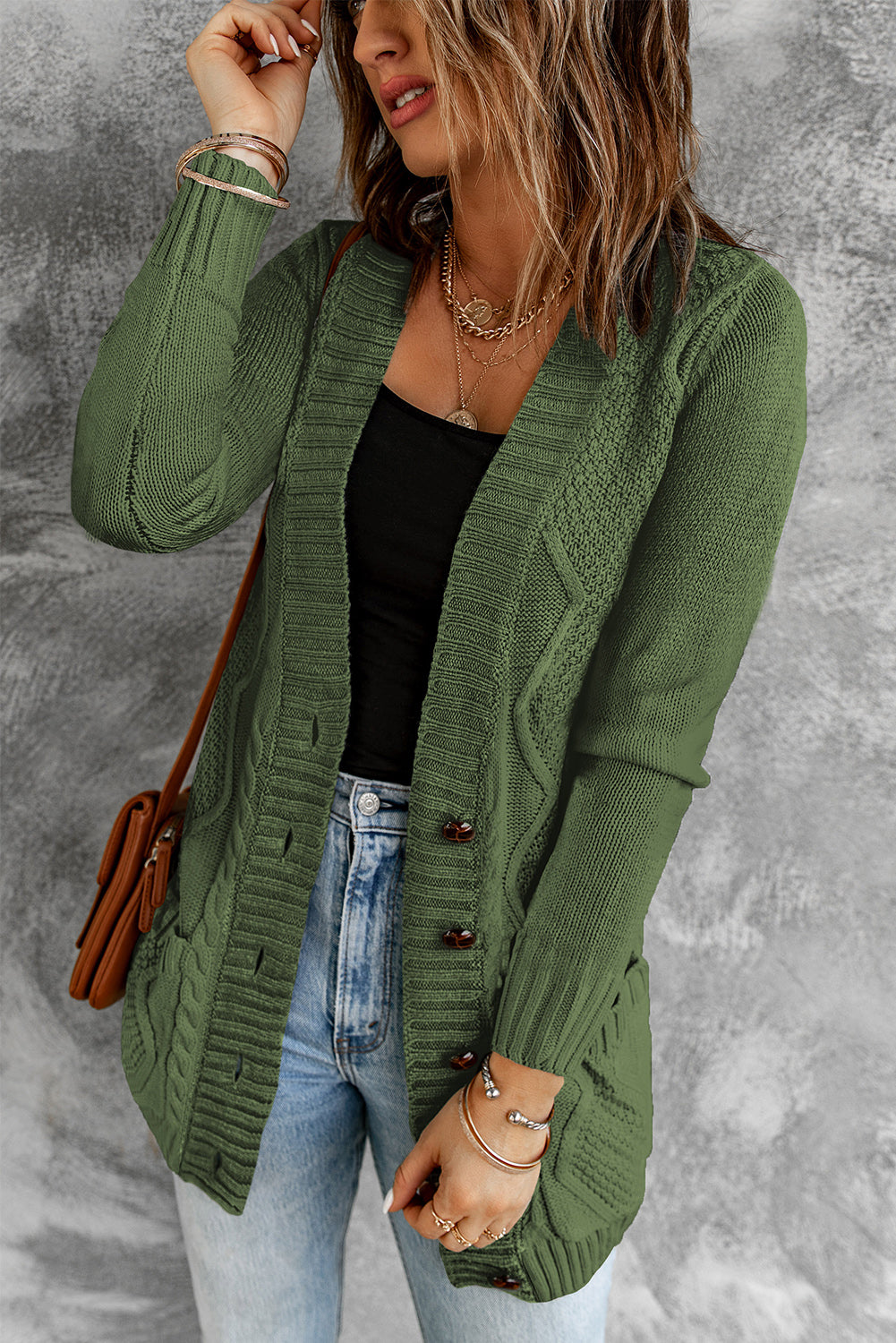Green Front Pocket and Buttons Closure Cardigan Sweaters & Cardigans JT's Designer Fashion