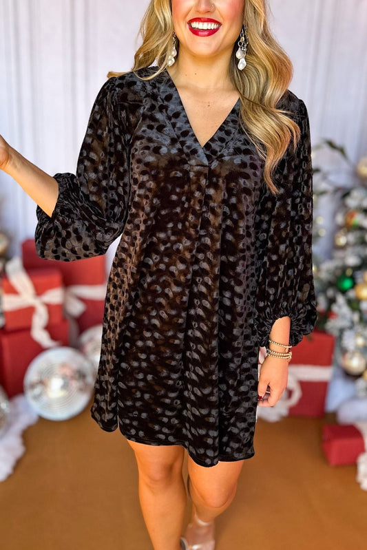 Black Textured V Neck Balloon Sleeve Velvet Mini Dress Mini Dresses JT's Designer Fashion