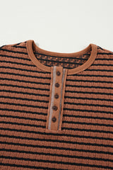Brown Stripe Textured Frilly Trim Buttons Henley Long Sleeve Top Long Sleeve Tops JT's Designer Fashion