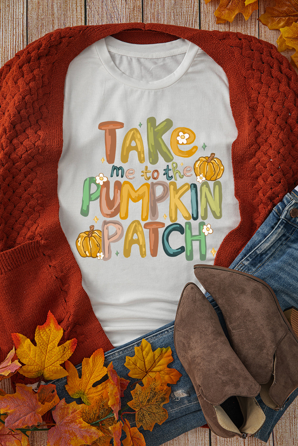 White Take Me To The Pumpkin Patch Cotton Blend T Shirt Graphic Tees JT's Designer Fashion
