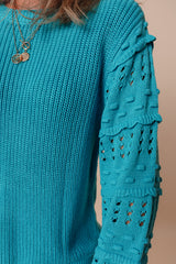 Turquoise Ruffled Eyelet Bubble Sleeve Sweater Sweaters JT's Designer Fashion