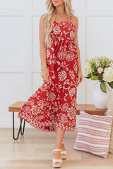 Red Floral Printed Spaghetti Strap Empire Waist Maxi Dress Floral Dresses JT's Designer Fashion