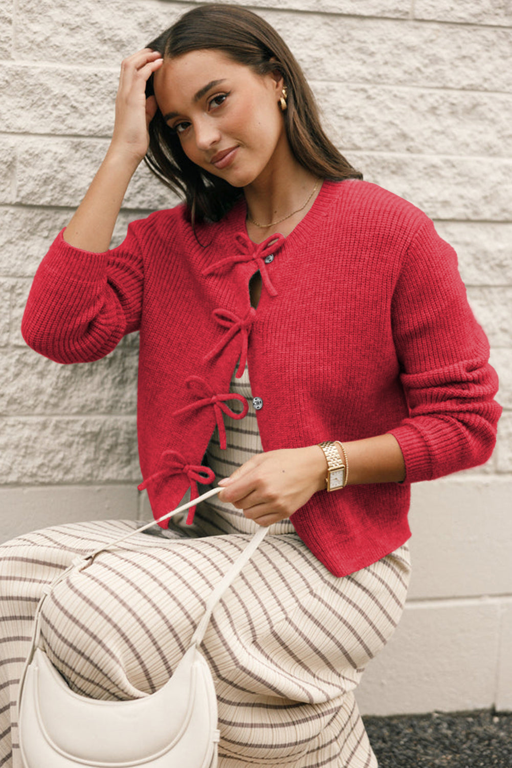 Fiery Red Ribbed Knit Bow Front Buttoned Cardigan Cardigans JT's Designer Fashion