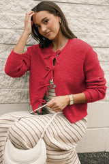 Fiery Red Ribbed Knit Bow Front Buttoned Cardigan Cardigans JT's Designer Fashion