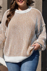 Chestnut Striped Textured Knit Contrast Edge Loose Sweater Sweaters JT's Designer Fashion