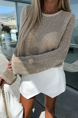 Khaki Hollow-out Knit Long Sleeve Top Long Sleeve Tops JT's Designer Fashion