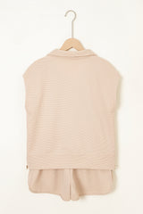 Parchment Textured Half Zip Kangaroo Pocket Top Drawstring Shorts Set Short Sets JT's Designer Fashion