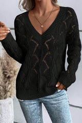Black Hollow Out Knit V Neck Drop Shoulder Sweater Sweaters JT's Designer Fashion