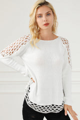 White Solid Scoop Neck Hollow Out Sweater Sweaters & Cardigans JT's Designer Fashion