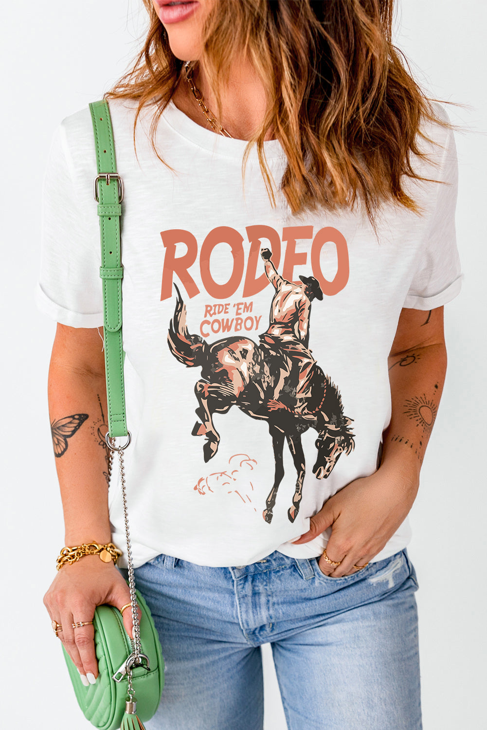 White RODEO Cowboy Graphic Crewneck T Shirt Graphic Tees JT's Designer Fashion