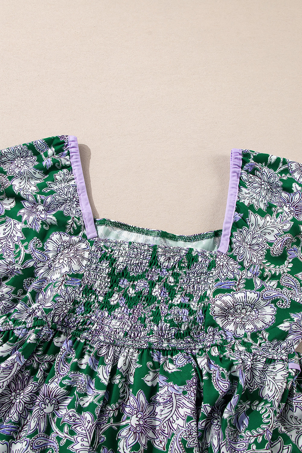 Green Floral Print Piping Trim Bubble Sleeve Square Neck Dress Floral Dresses JT's Designer Fashion