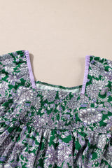 Green Floral Print Piping Trim Bubble Sleeve Square Neck Dress Floral Dresses JT's Designer Fashion