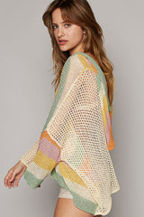Beige Oversized Colorblock V Neck Hooded Sweater Sweaters & Cardigans JT's Designer Fashion