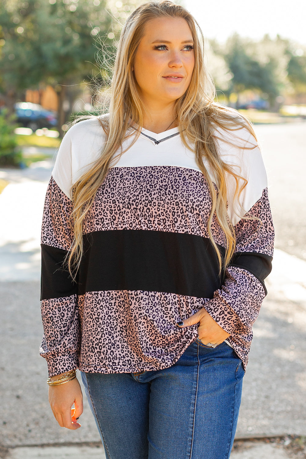 Black Leopard Print Colorblock V Neck Long Sleeve Plus Size Top Plus Size Long Sleeve Tops JT's Designer Fashion