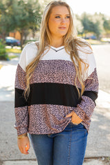 Black Leopard Print Colorblock V Neck Long Sleeve Plus Size Top Plus Size Long Sleeve Tops JT's Designer Fashion