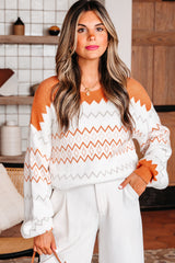 Khaki Zigzag Geometric Pattern Knitted Pullover Sweater Sweaters JT's Designer Fashion