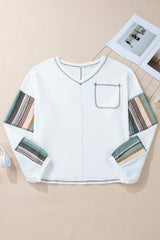 White Striped Patchwork Exposed Seam Waffle Knit Top Long Sleeve Tops JT's Designer Fashion