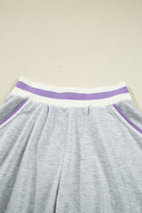 Light Grey Contrast Striped Bands Cropped Pullover and Athletic Short Set Short Sets JT's Designer Fashion