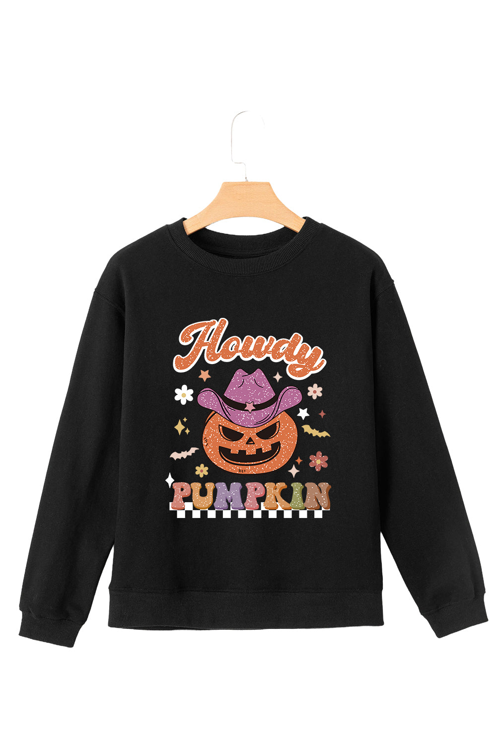 Black Halloween Howdy PUMPKIN Print Crew Neck Pullover Sweatshirt Graphic Sweatshirts JT's Designer Fashion