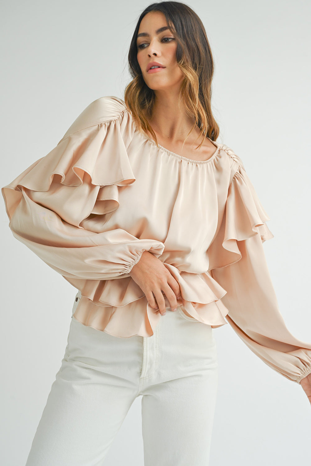 Oatmeal Lace-up Keyhole Back Ruffled Peplum Blouse Blouses & Shirts JT's Designer Fashion