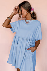 Sky Blue Solid Color Pocketed Raw Edge Babydoll Dress Mini Dresses JT's Designer Fashion