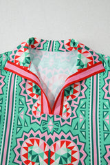 Mint Green Geometric Butterfly Print Split Neck Short Sleeve Dress Mini Dresses JT's Designer Fashion