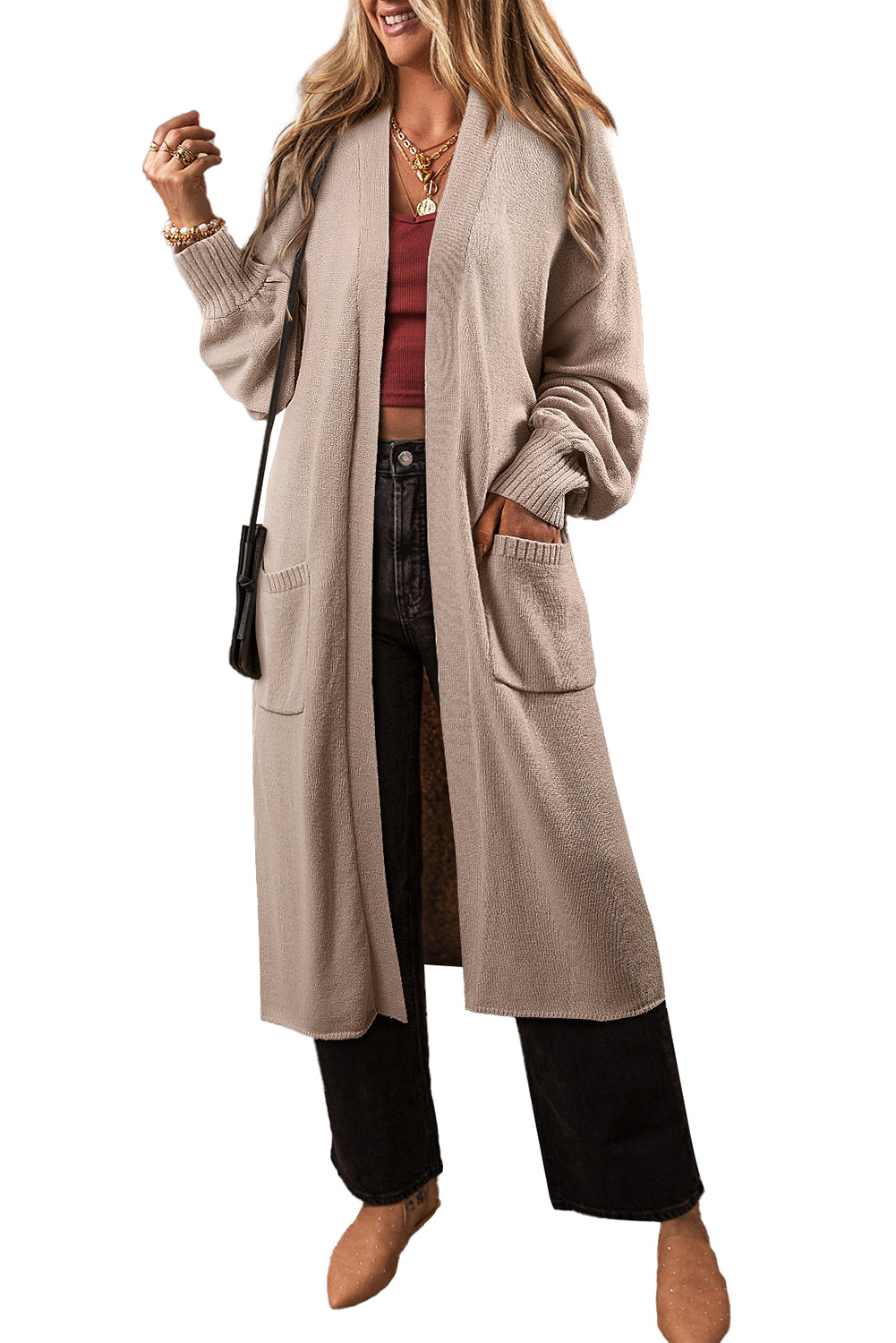 Beige Side Pockets Open Front Long Knitted Cardigan Cardigans JT's Designer Fashion