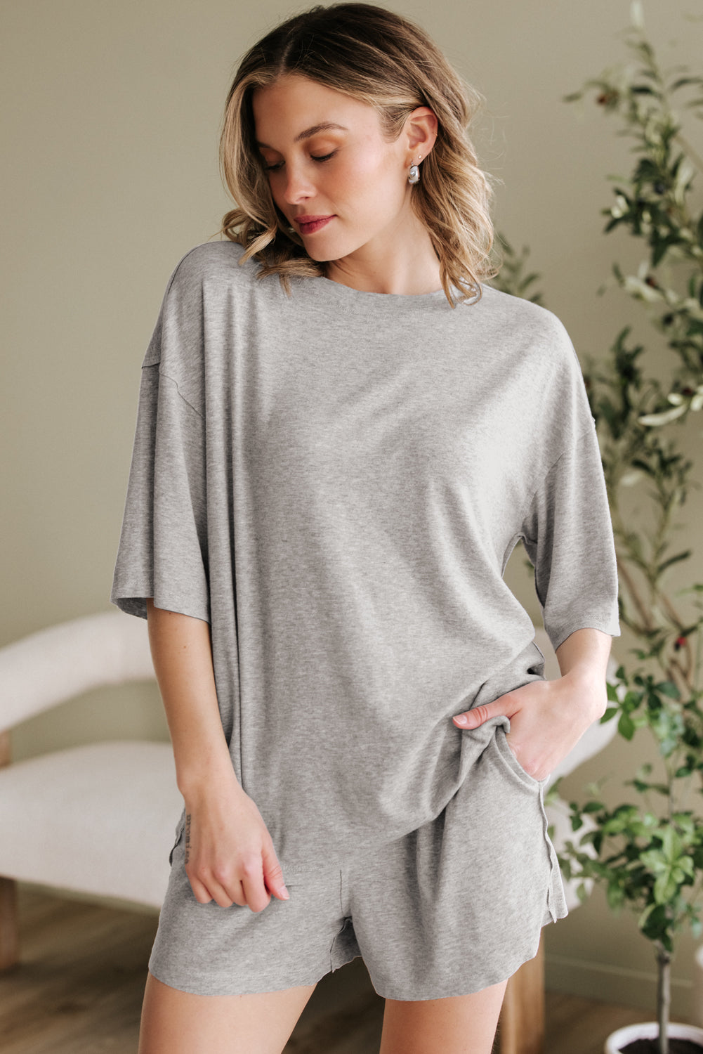 Gray Solid Color Loose Tee 2 Piece Shorts Set Gray 75%Polyester+20%Viscose+5%Elastane Short Sets JT's Designer Fashion