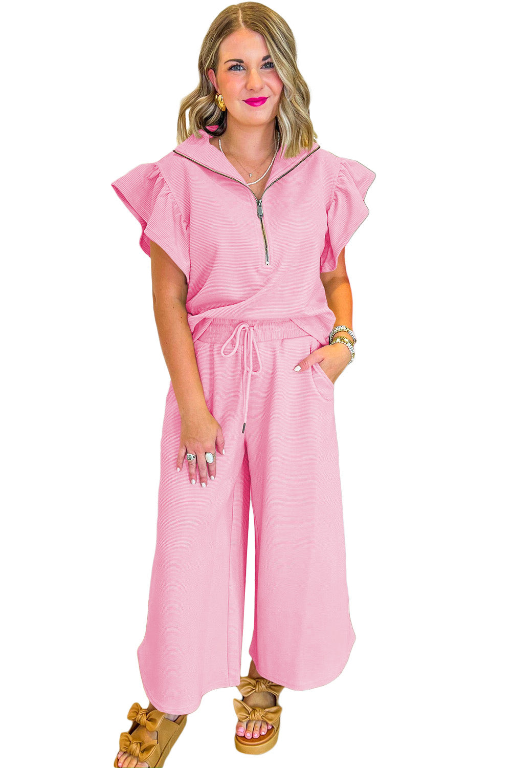 Pink Textured Ruffled Sleeve Zipped Top and Wide Leg Pants Set Pant Sets JT's Designer Fashion